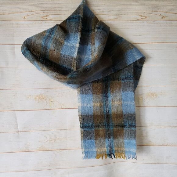 Strathtay Originals Wool Mohair Plaid Fringe Scarf Made in Scotland Brown Blue - Picture 3 of 5